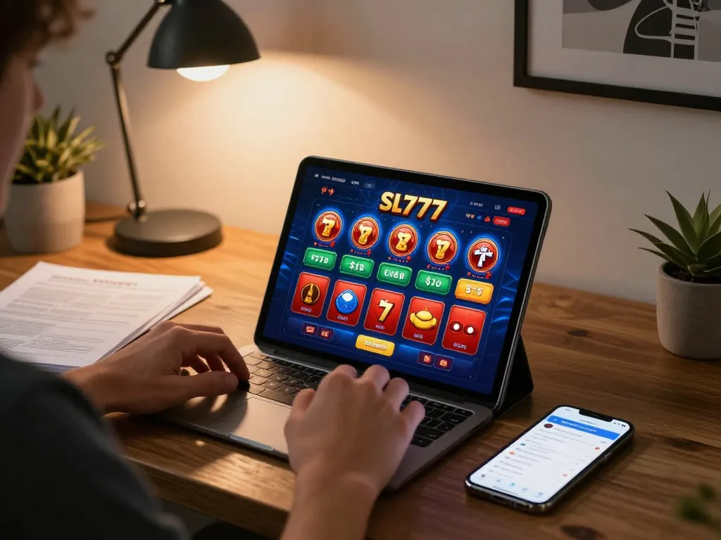 Pemain berinteraksi dengan kasino online sl777 di tablet di kantor rumah yang nyaman dengan suasana yang hidup