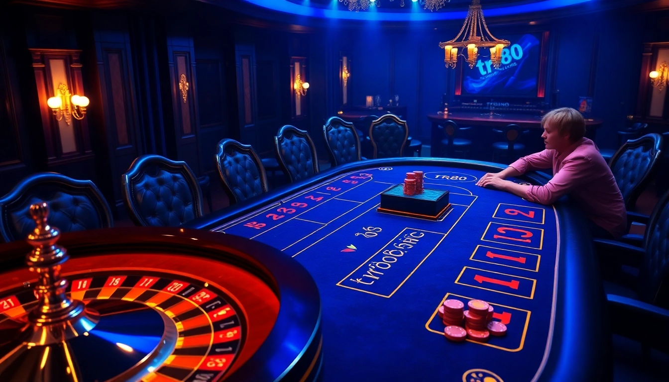 Engaged gamblers at a luxurious poker table showcasing tr88 in an exciting casino environment.
