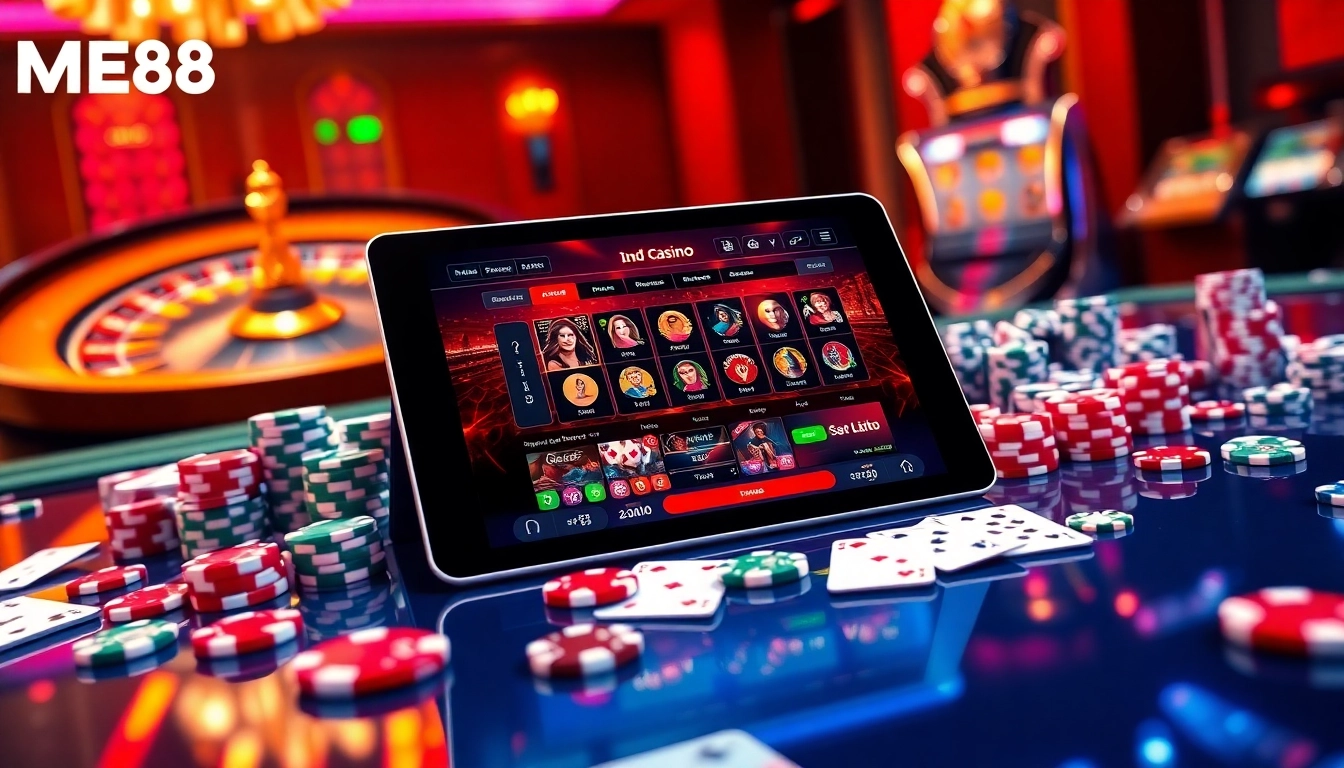 Experience thrilling casino action with ME88's vibrant gaming interface and luxurious design.