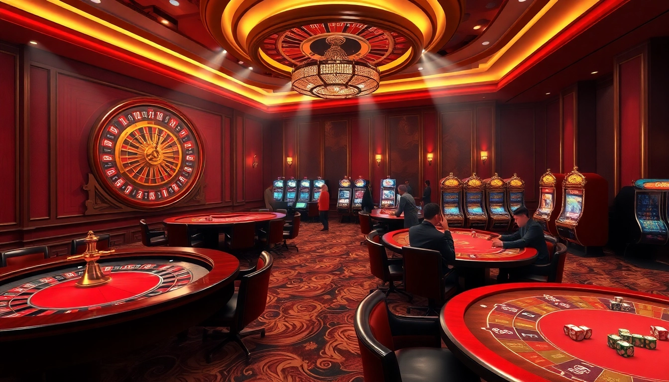 Experience the thrill of say88 at a luxurious casino featuring elegant poker tables and vibrant slot machines.