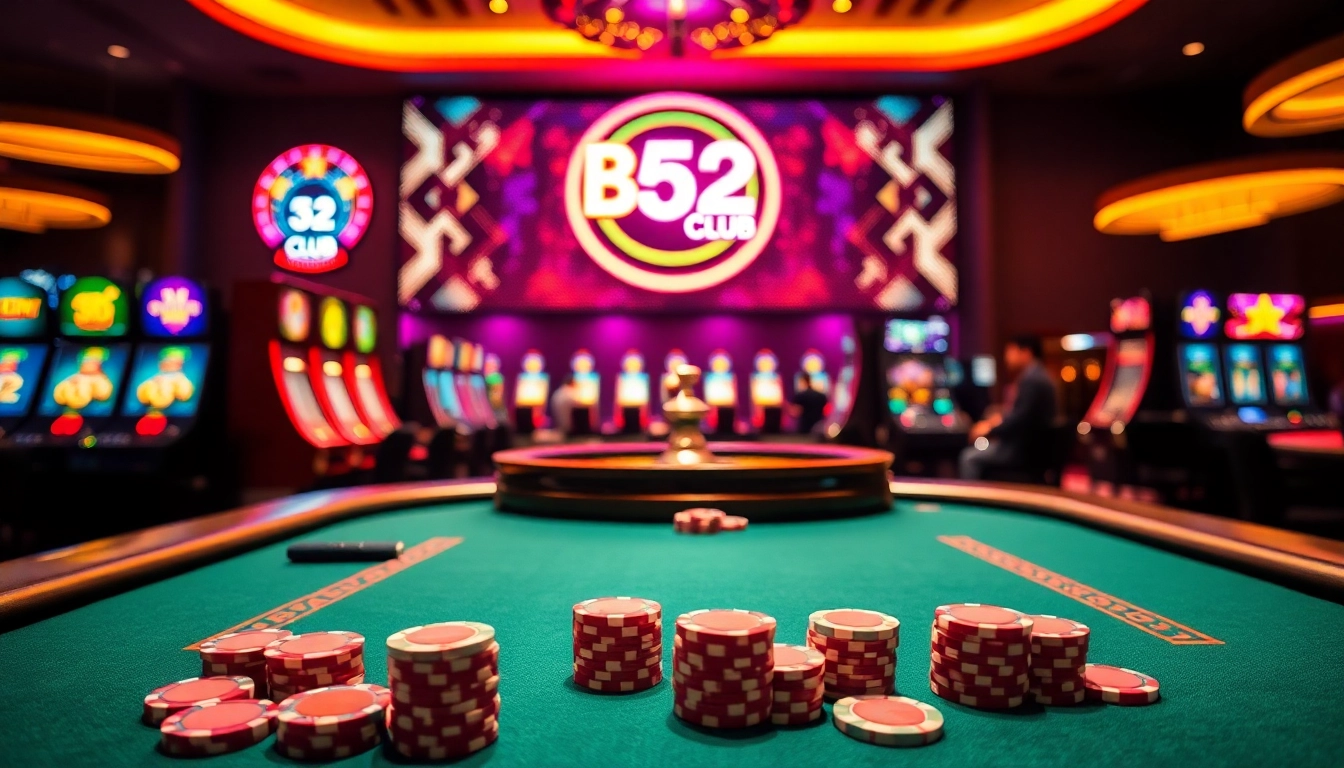 Exciting poker game at B52Club casino with vibrant chips and neon lights.