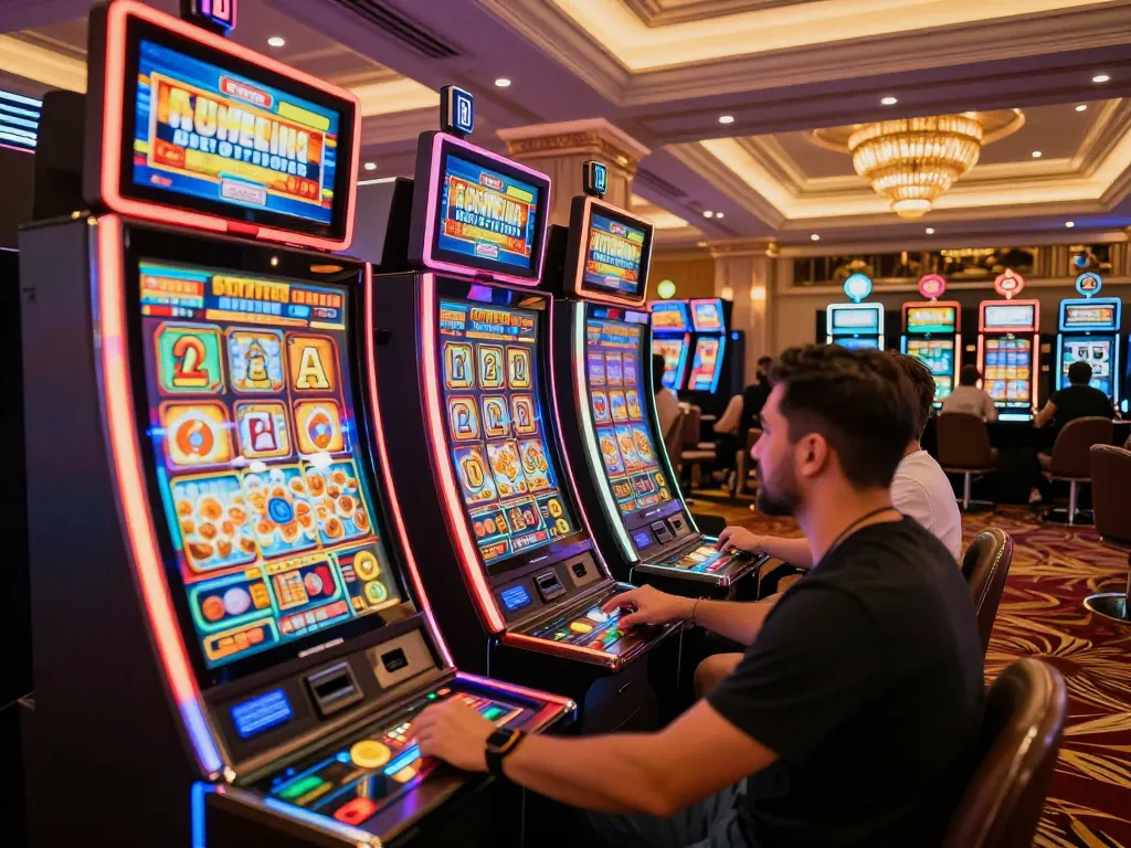 KUBET players enjoying colorful slot machines with excitement in a vibrant casino.