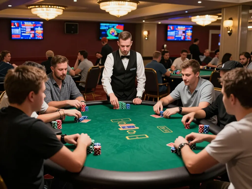 Players engage in strategic poker at 79kingt1 casino, showcasing intense gameplay and vibrant atmosphere.