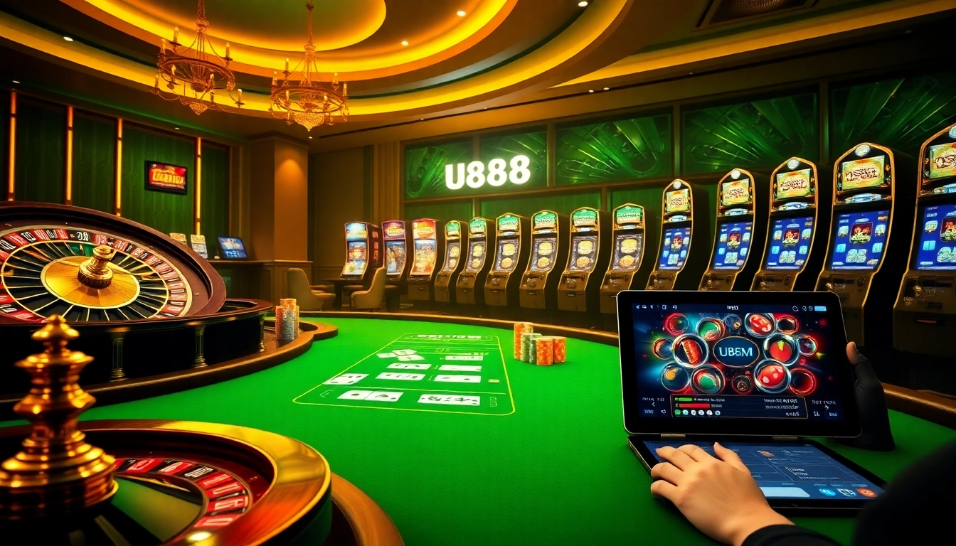 U888 betting excitement with vibrant slot machines and poker chips in a luxurious casino scene