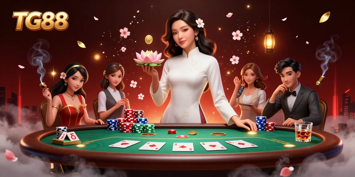 Bet on your luck with TG88 at a lively poker scene featuring vibrant elements and graceful designs.