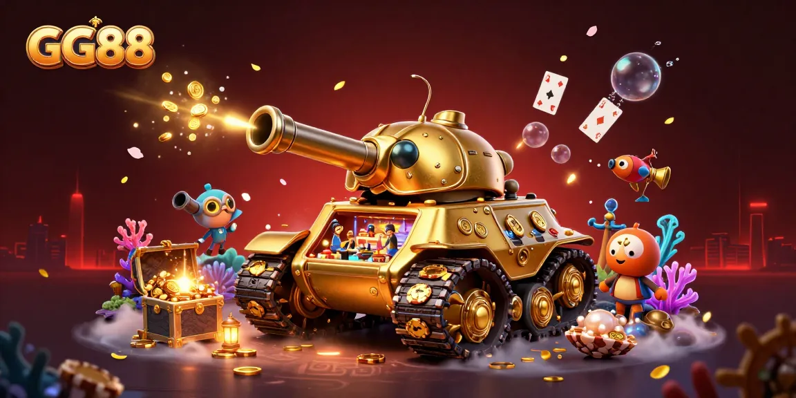 GG88 brings excitement to life with a dynamic casino scene in a golden tank bursting with treasures.