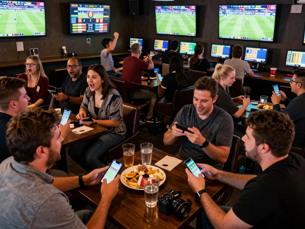 Patrons engaging in sports betting at BL555, phones in hand, cheering excitedly.