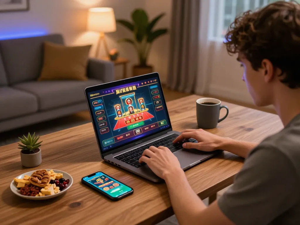 Engaging in online gaming at trang chủ fun79 with a laptop and casino app, showcasing relaxed atmosphere