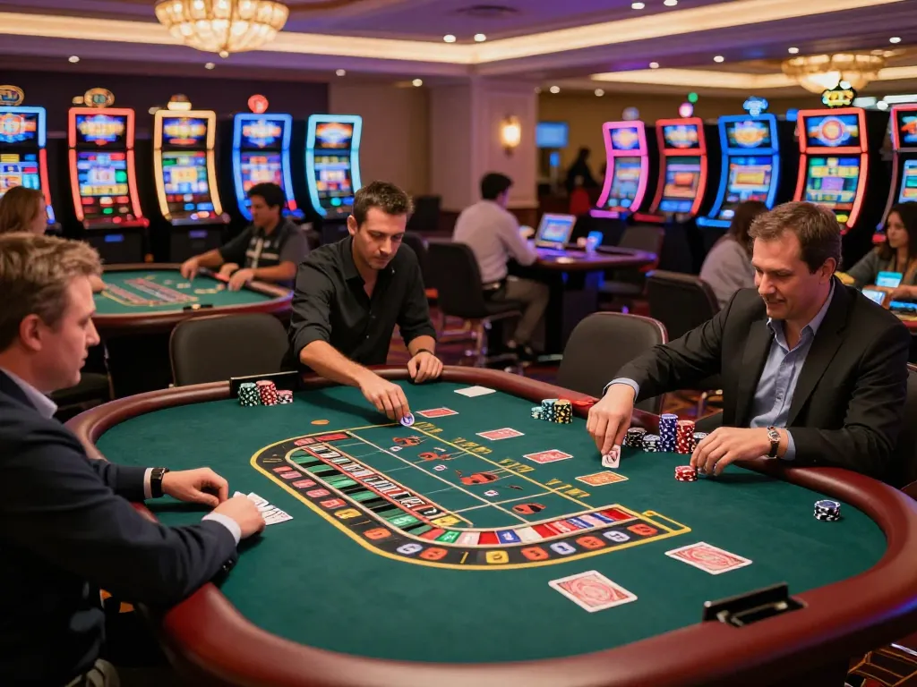 Twiin68 players enjoying a thrilling game on the lively casino floor, engaging in strategic bets and interactions.