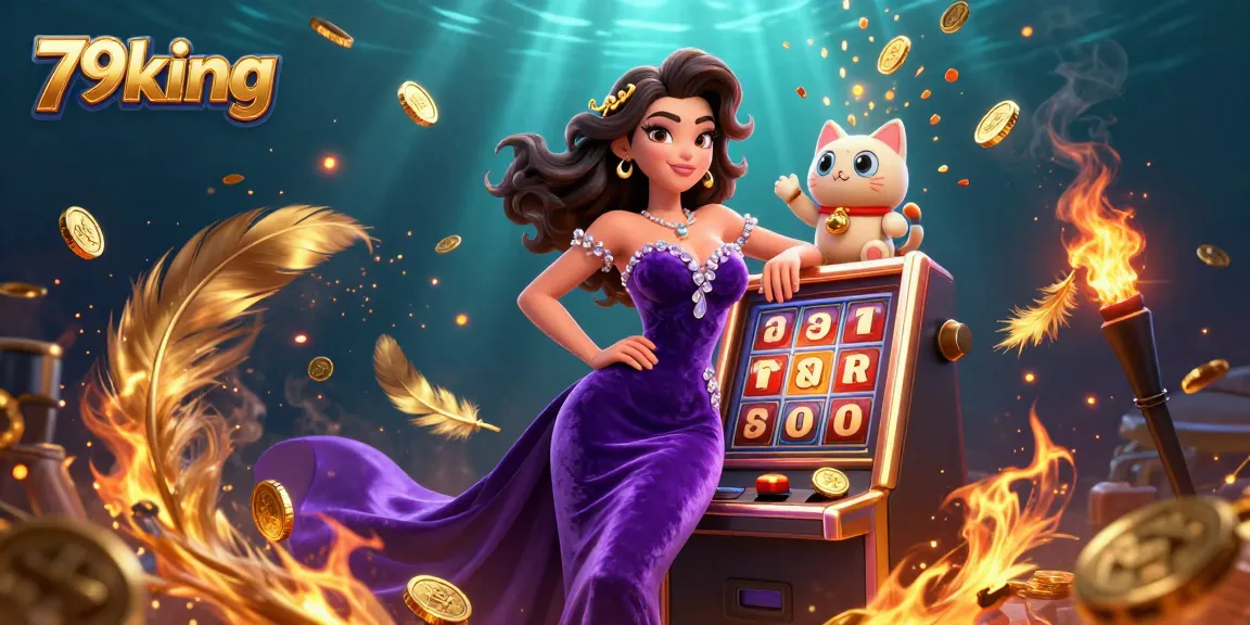 Spin the reels at 79king with a glamorous lady celebrating a jackpot win, surrounded by festive elements.