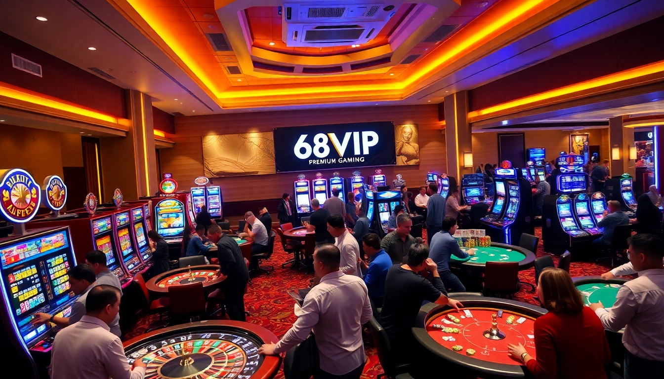 Exciting gaming action at 68VIP casino featuring dynamic players and vibrant slot machines.