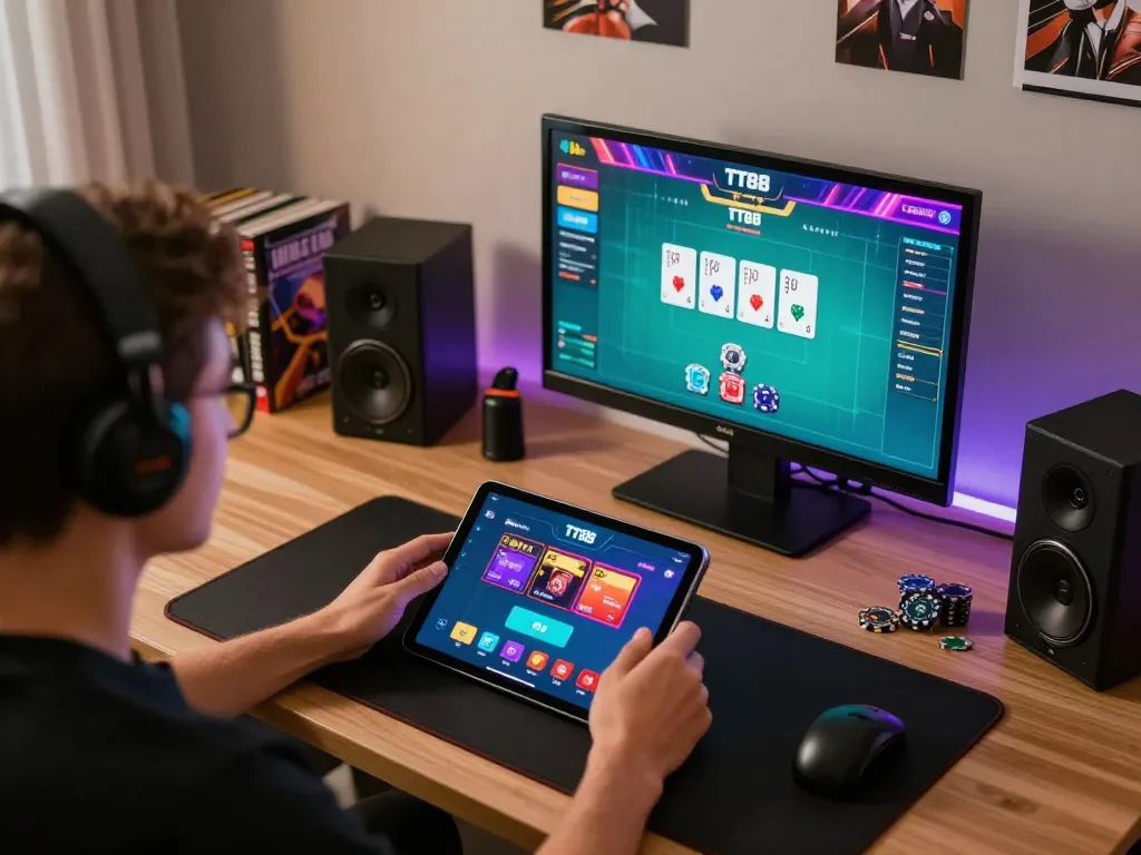 Player engaging with TT88 casino app on tablet in a vibrant home gaming setup