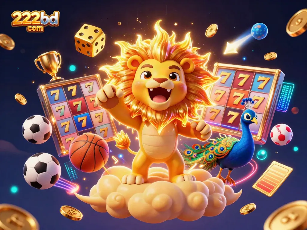 Engage with 222bd com through vibrant gaming adventures featuring a roaring lion, golden dice, and exciting slot reels.