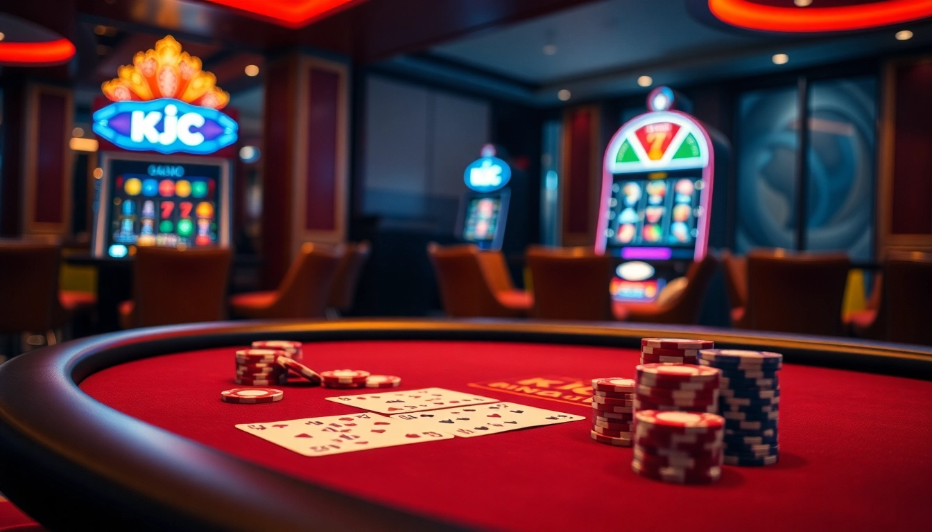 KJC branded poker game in a luxurious casino setting, featuring cards and vibrant poker chips.