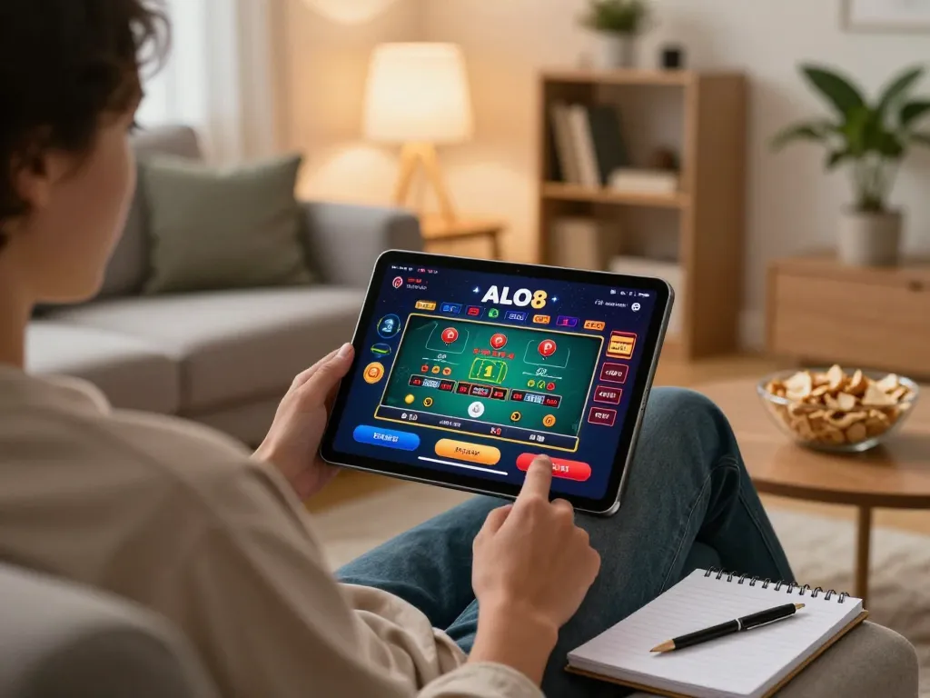 Person engaging with the ALO8 casino app on a tablet during a cozy home gaming session.