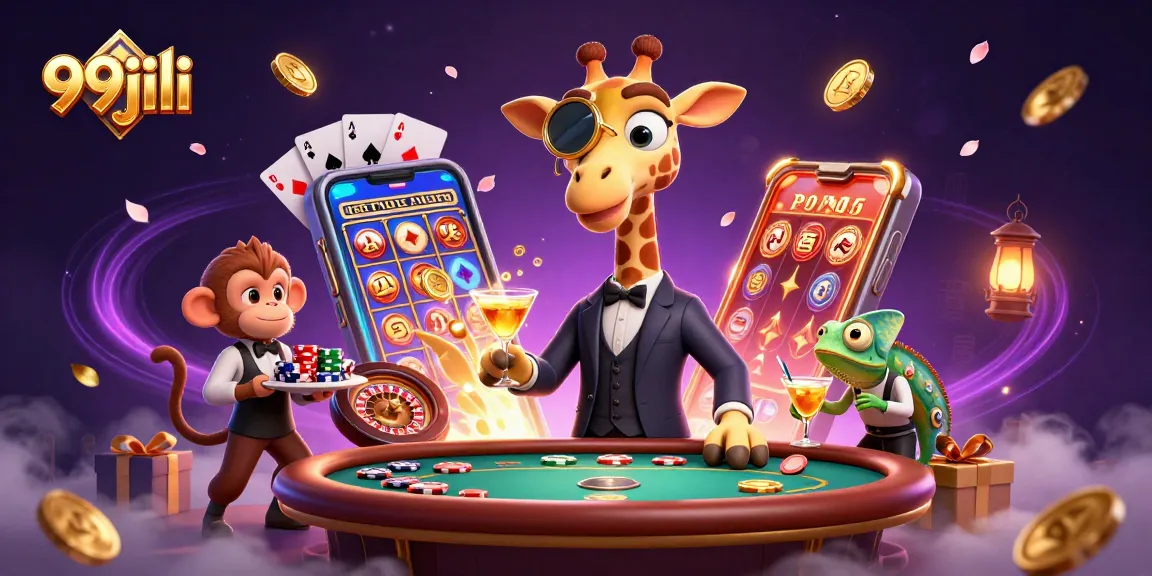 Engage in thrilling 99jili online gaming with a high-roller giraffe and vibrant casino elements.