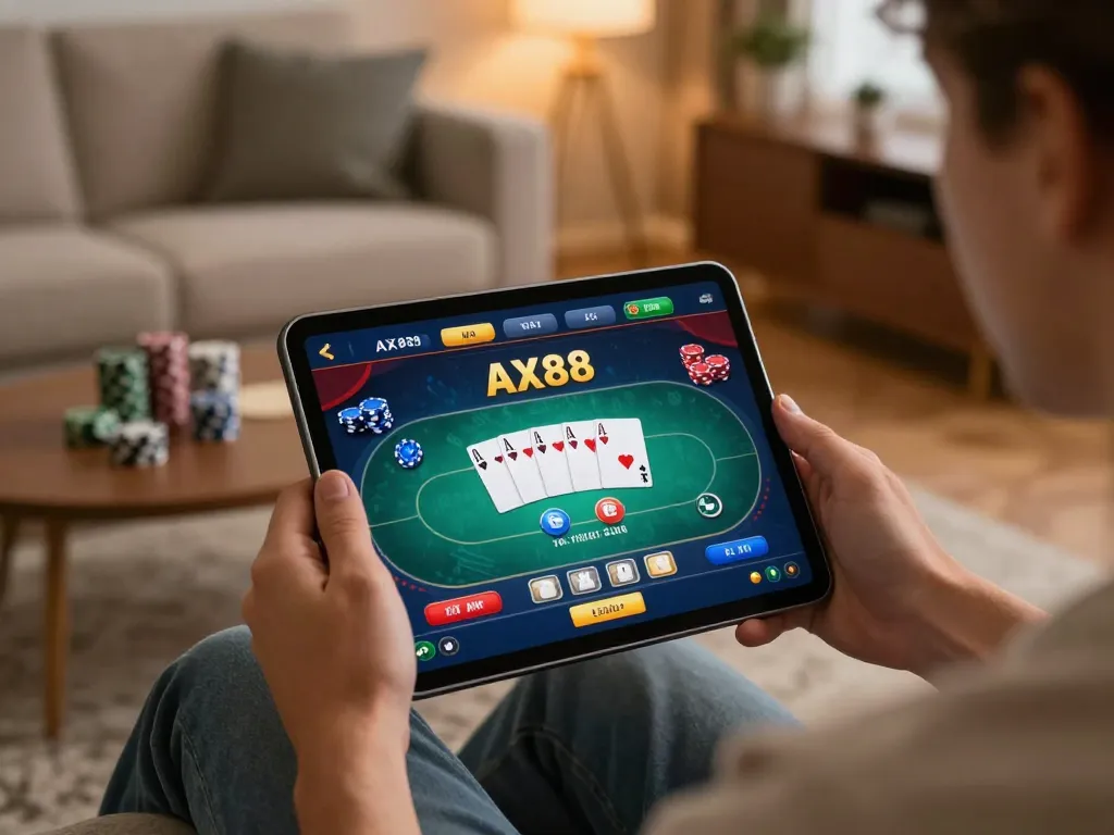 Engaging moment at AX88 online poker game, player strategizing on a tablet in a cozy home setting
