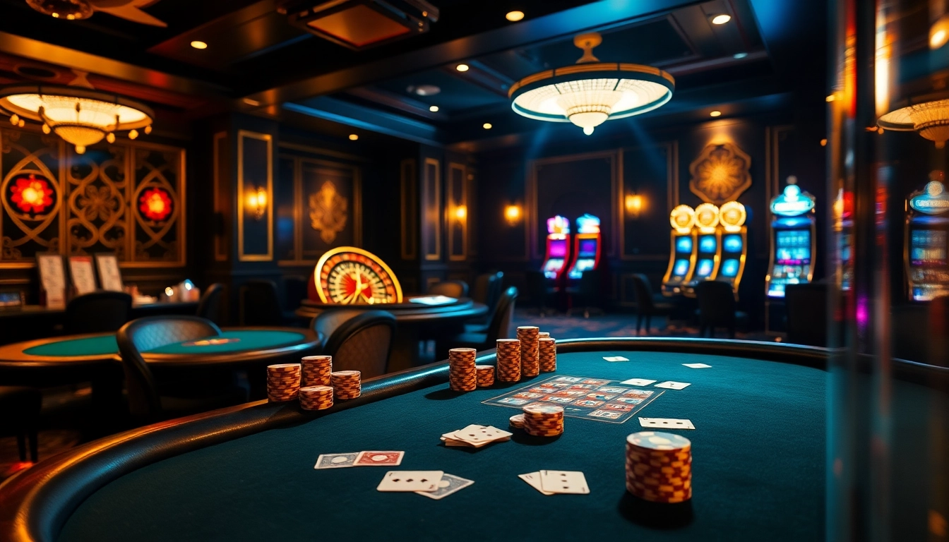 B52 casino poker room atmosphere with luxurious tables and poker chips.