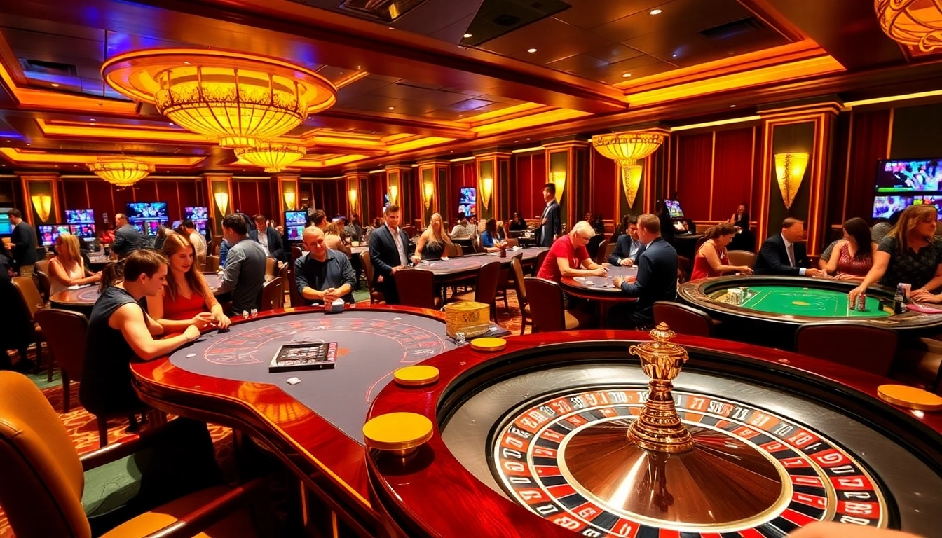 Players experiencing excitement at OK365 casino tables with vibrant poker and roulette games.