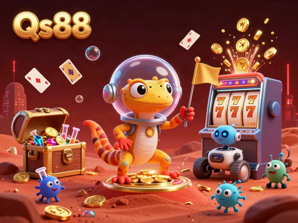 Experience the excitement of Qs88 Casino with a vibrant 3D illustration featuring a Martian gecko and playful elements.