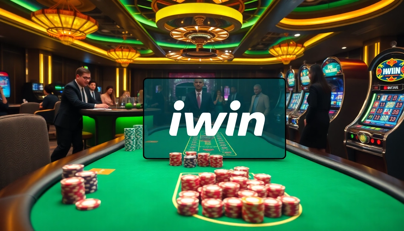 Iwin casino environment with vibrant poker tables, colorful chips, and exciting games.