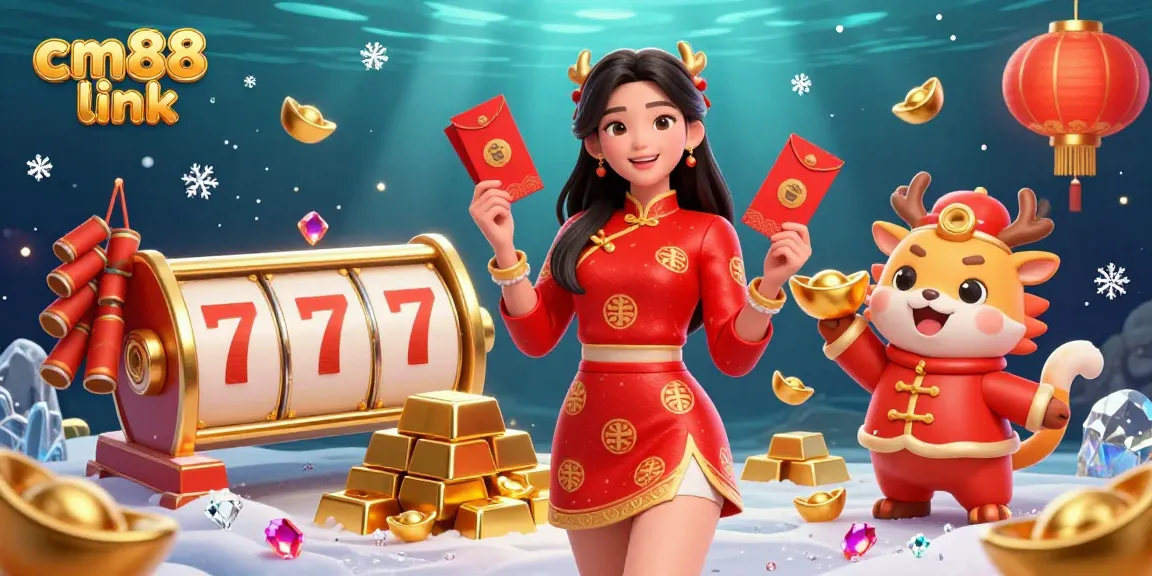 Win big at cm88 link with this vibrant casino illustration featuring festive symbols and dynamic game elements.