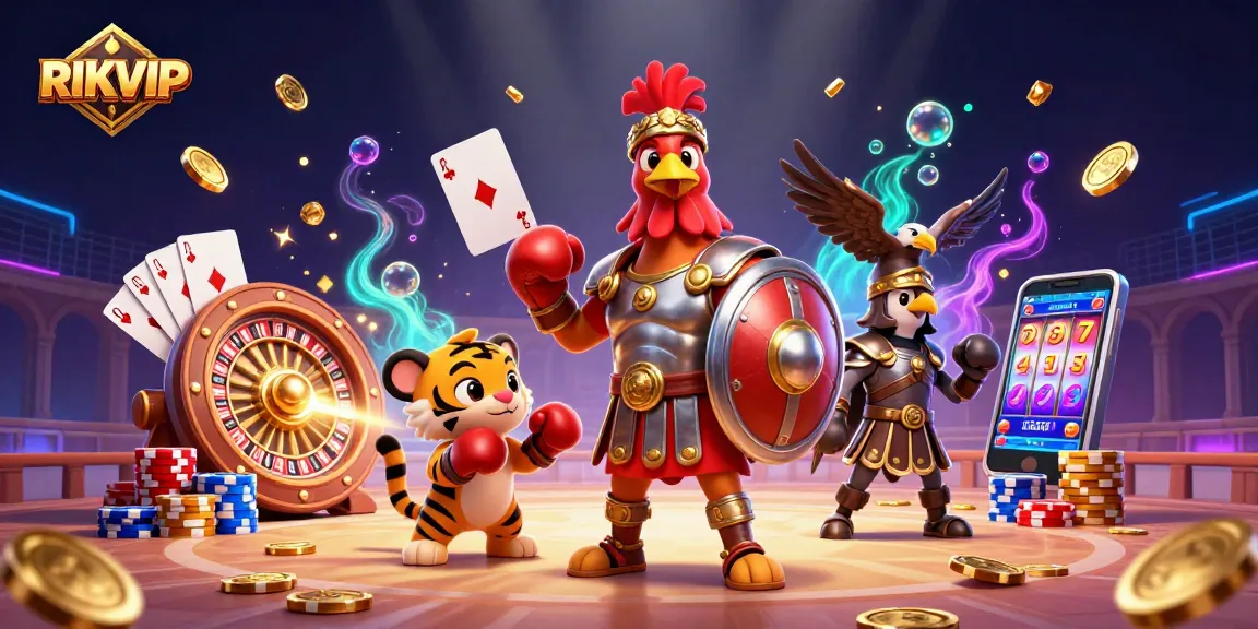 Experience the thrilling world of RIKVIP with a dynamic illustration of casino gaming elements.