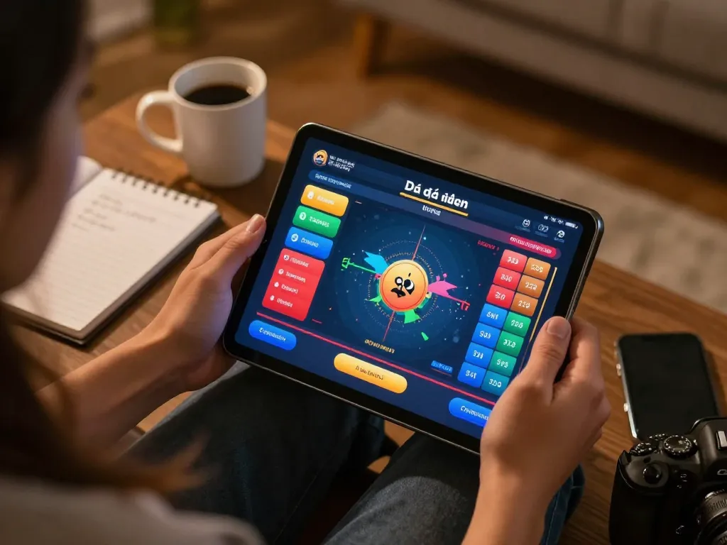 Engaging in Đá gà trực tiếp with a tablet, displaying live fight stats in a cozy home setting