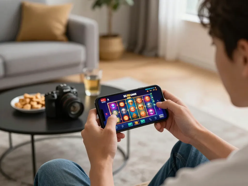Engaging player enjoying SC88 Game on smartphone in a cozy living room setting with vibrant casino app interface