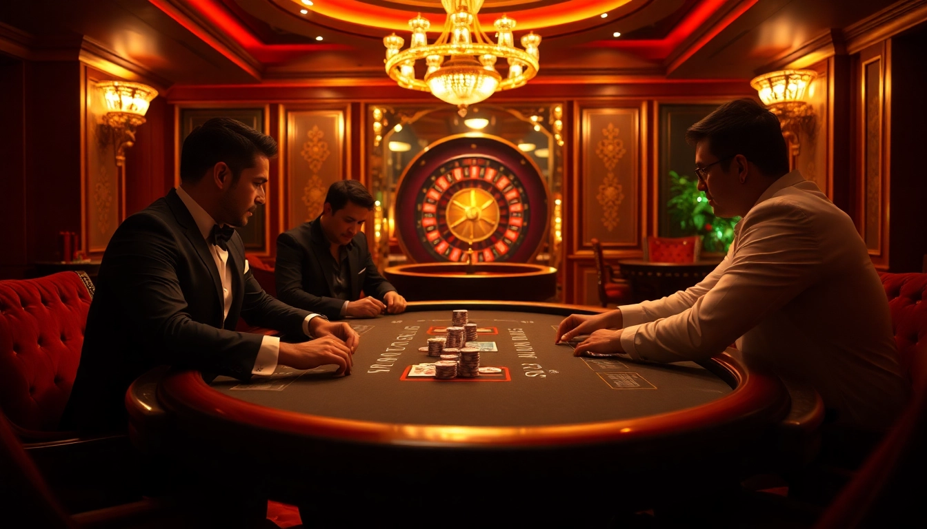 Participants engage in a high-stakes poker game at the luxurious table, showcasing https://lu88bb.com/ as a strategic gambling platform.