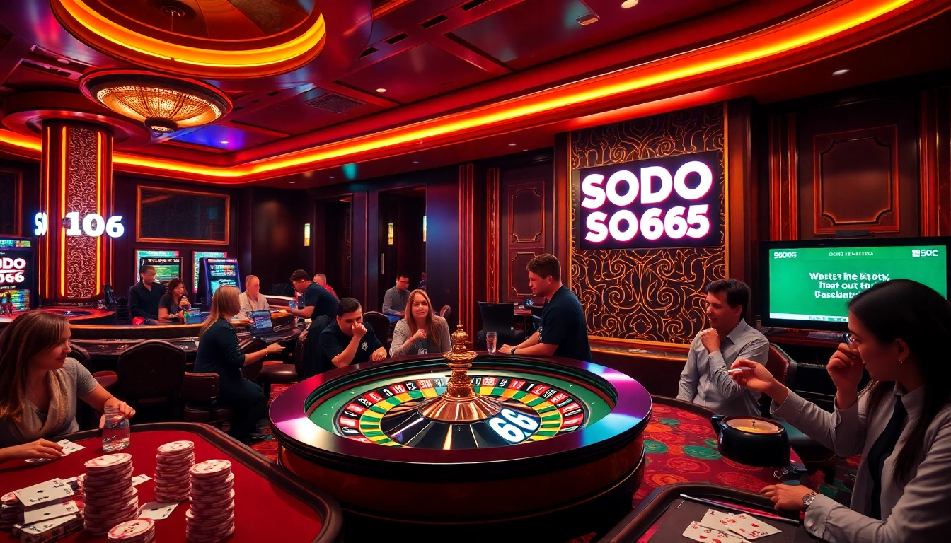 Players enjoying the thrill of gambling at SODO66's luxurious casino tables, with roulette in focus.