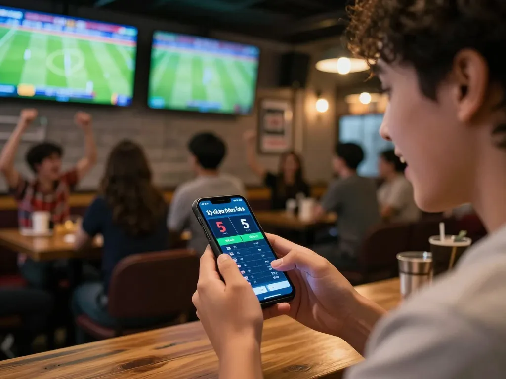 Person engaging with tỷ lệ kèo nhà cái 5 through a smartphone in a bustling sports bar setting