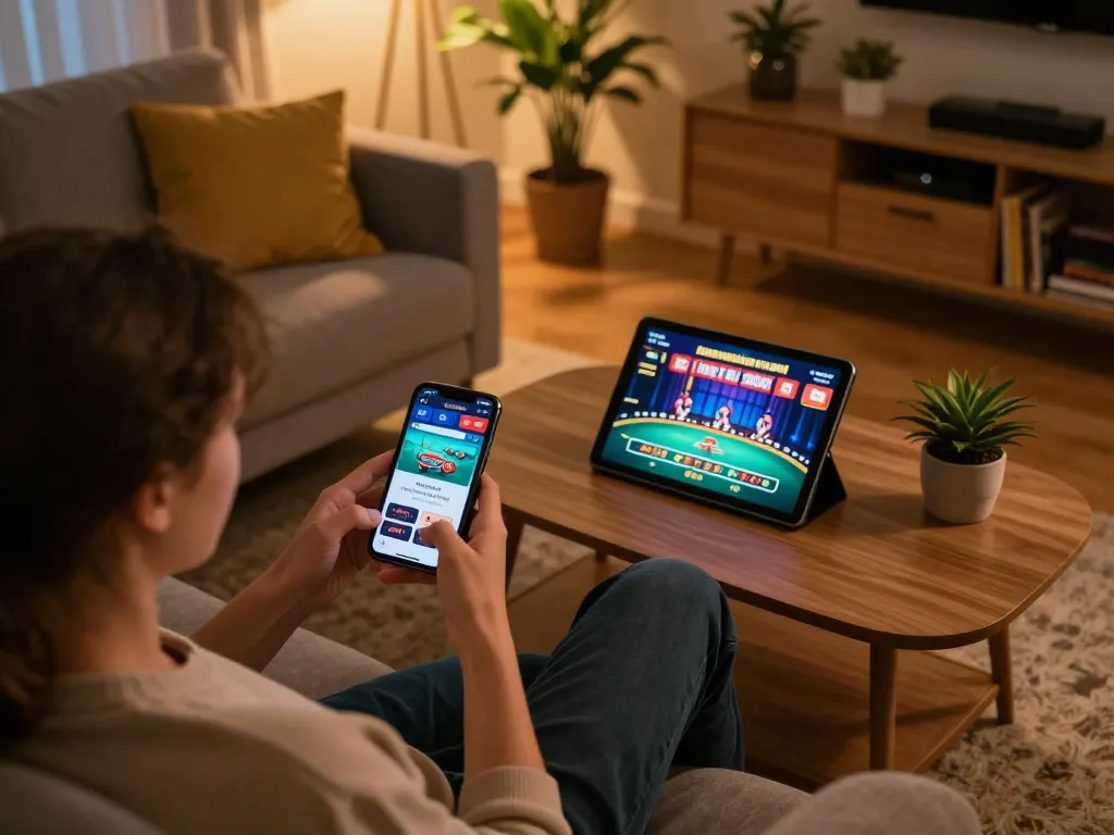Bong88 user engaging with a smartphone for online gaming, showcasing mobile betting experience.