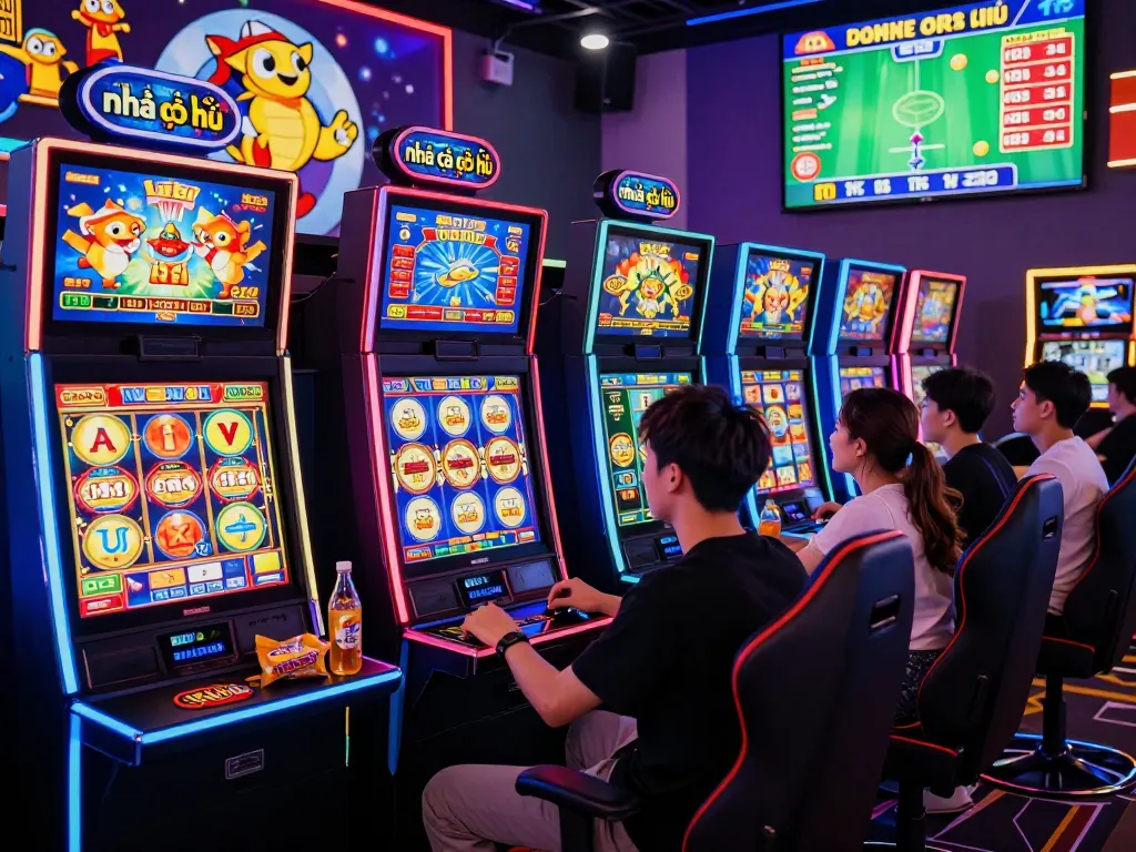 Exciting online casino scene with players enjoying nhà cái nổ hũ games, featuring vibrant slot machines and digital interfaces.