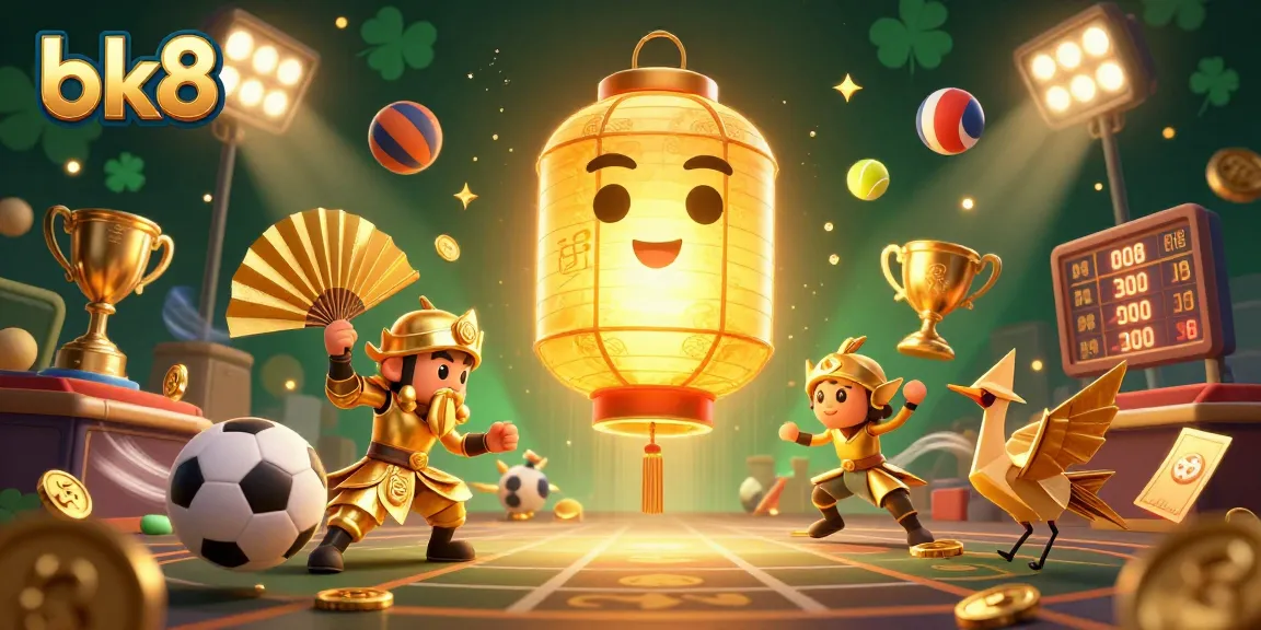 Experience the thrilling energy of bk8 with dynamic sports elements and enchanting characters above a vibrant casino.