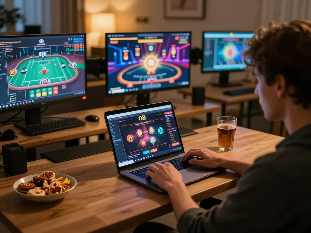 Engaged player enjoying O8 online casino game on laptop at home setting, vibrant atmosphere