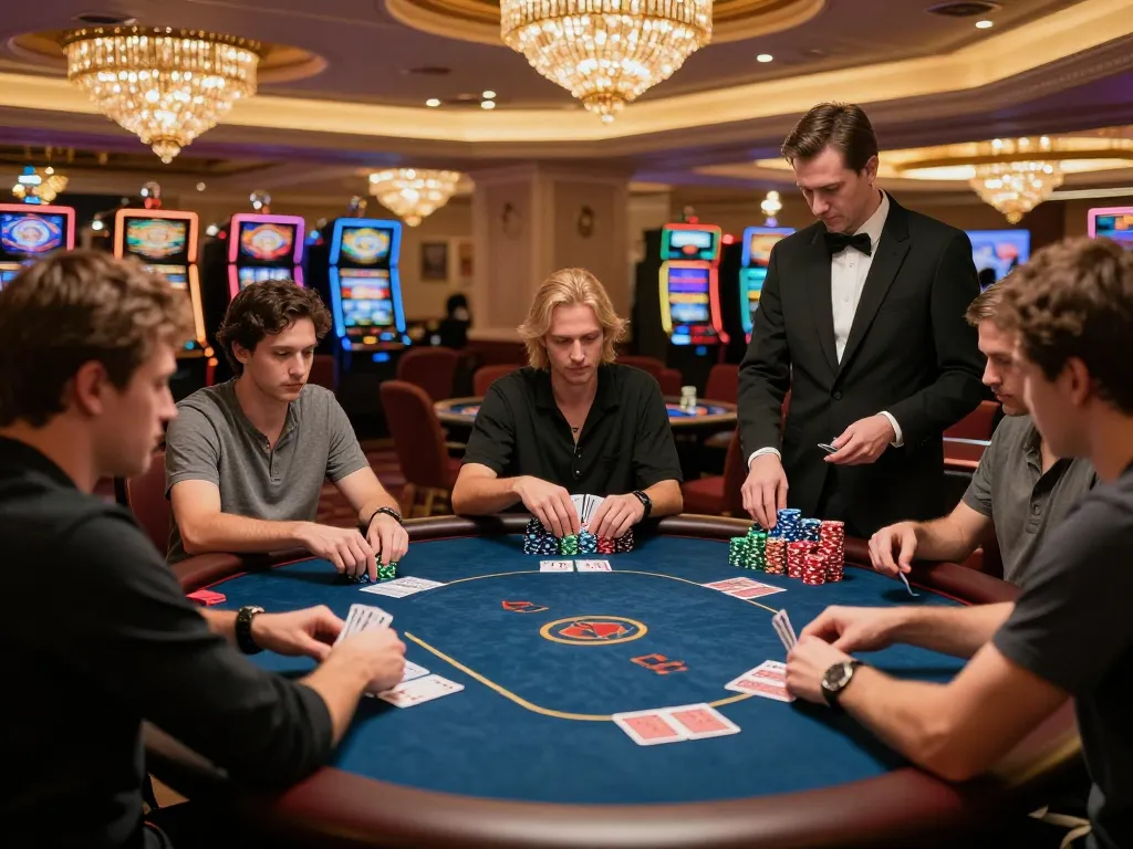 Engaged players at a high-stakes poker table in nk88 casino, analyzing cards and strategies.