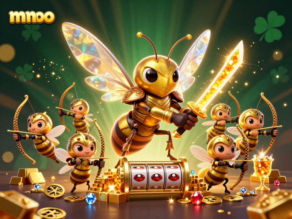Play exciting slots with mmoo's golden hornet in a vibrant casino scene, surrounded by riches.