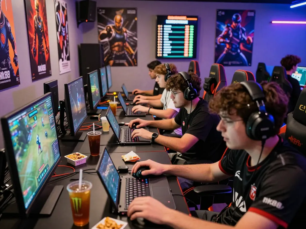 Players intensely engaged in nk88 game in a vibrant gaming lounge with neon lighting and digital leaderboard.