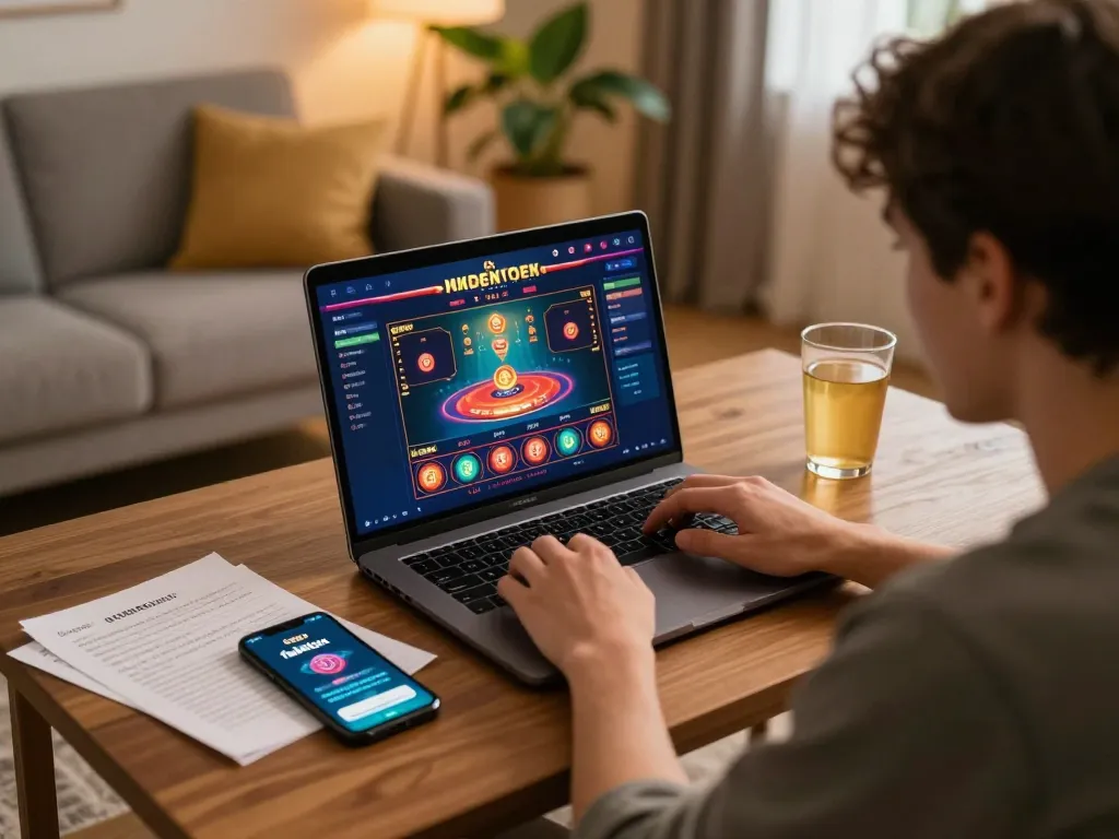 Engaging online casino gameplay on fabetbiz app in a cozy living room with strategic notes.