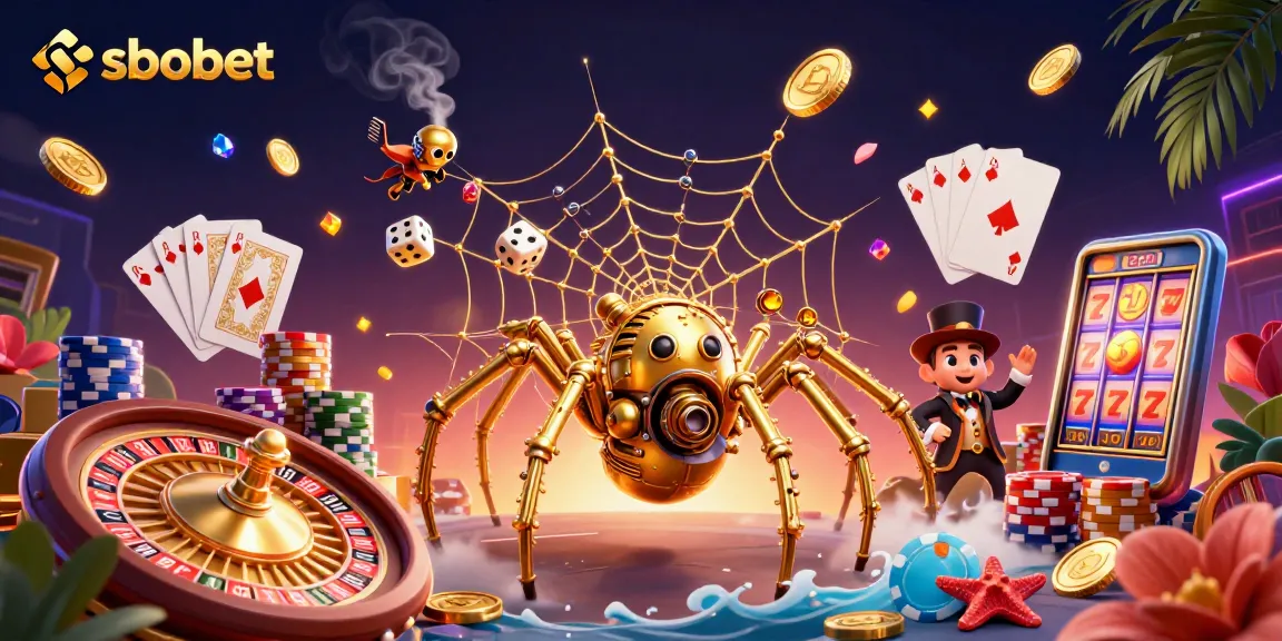 SBOBET features an enticing steampunk scene with a golden spider and rich casino elements.