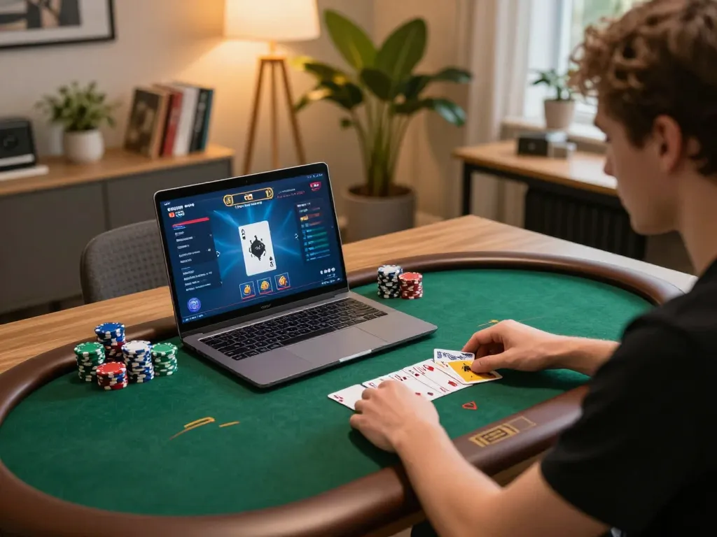 Player enjoying sunwin online poker in a cozy home setup with chips and cards displayed