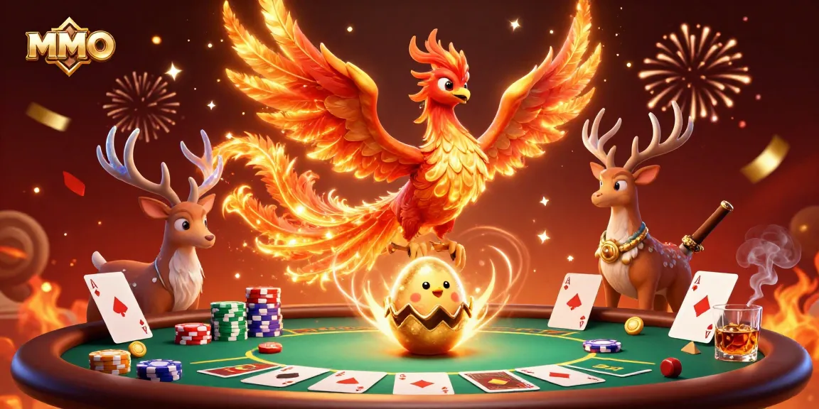 Experience the thrilling games at MMOO featuring a phoenix and poker elements in a vibrant casino setting.