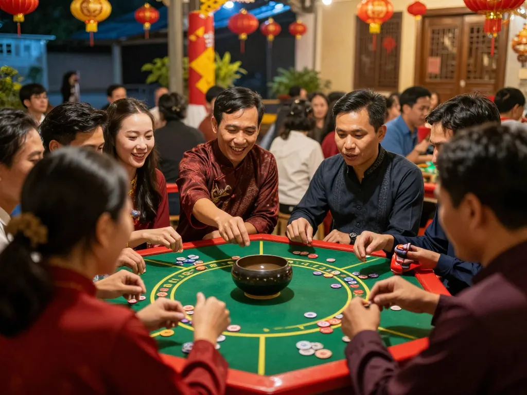 Xóc đĩa players engaged in a traditional betting game, community atmosphere captured.
