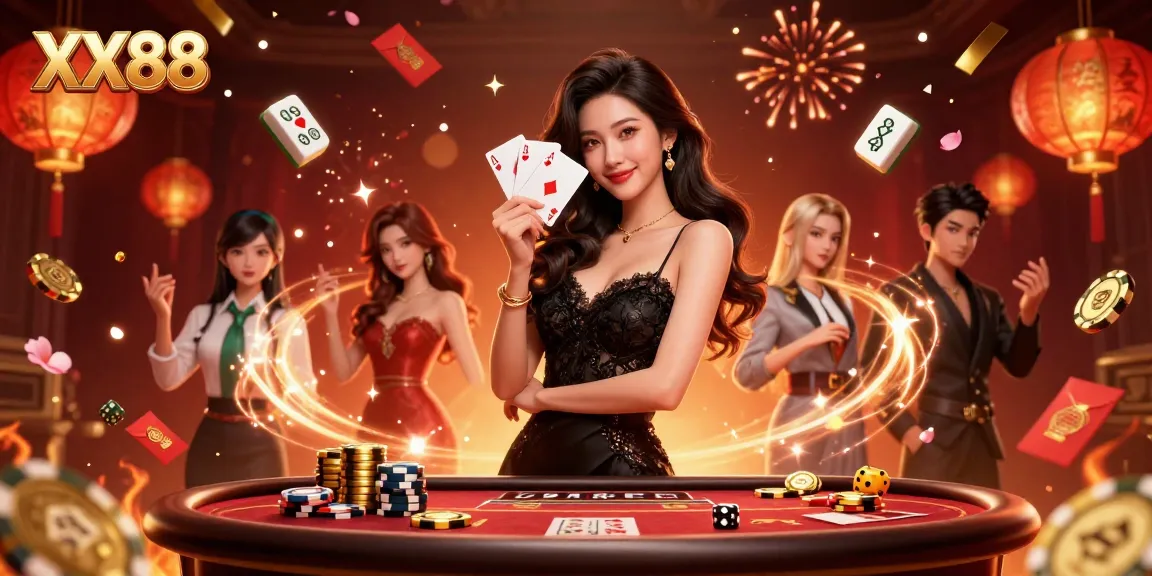 Win big at XX88 with a stylish Asian woman playing two ace cards in a luxury casino.
