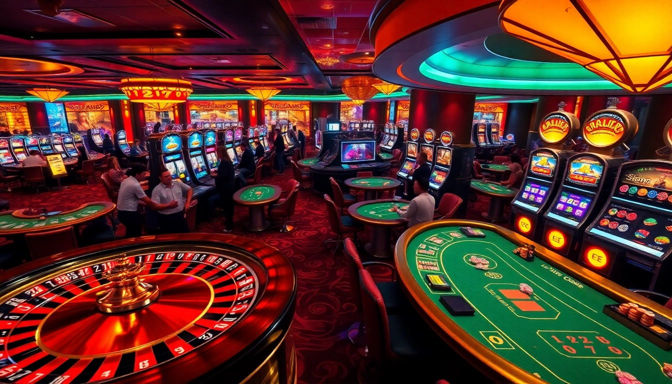 Experience the thrill of winning at open88's vibrant casino scene with dynamic gaming tables and illuminated slot machines.