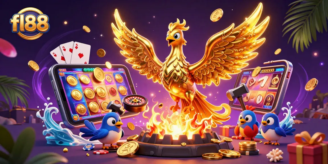 Experience thrilling gaming with fl88, featuring a molten phoenix and vibrant casino elements.