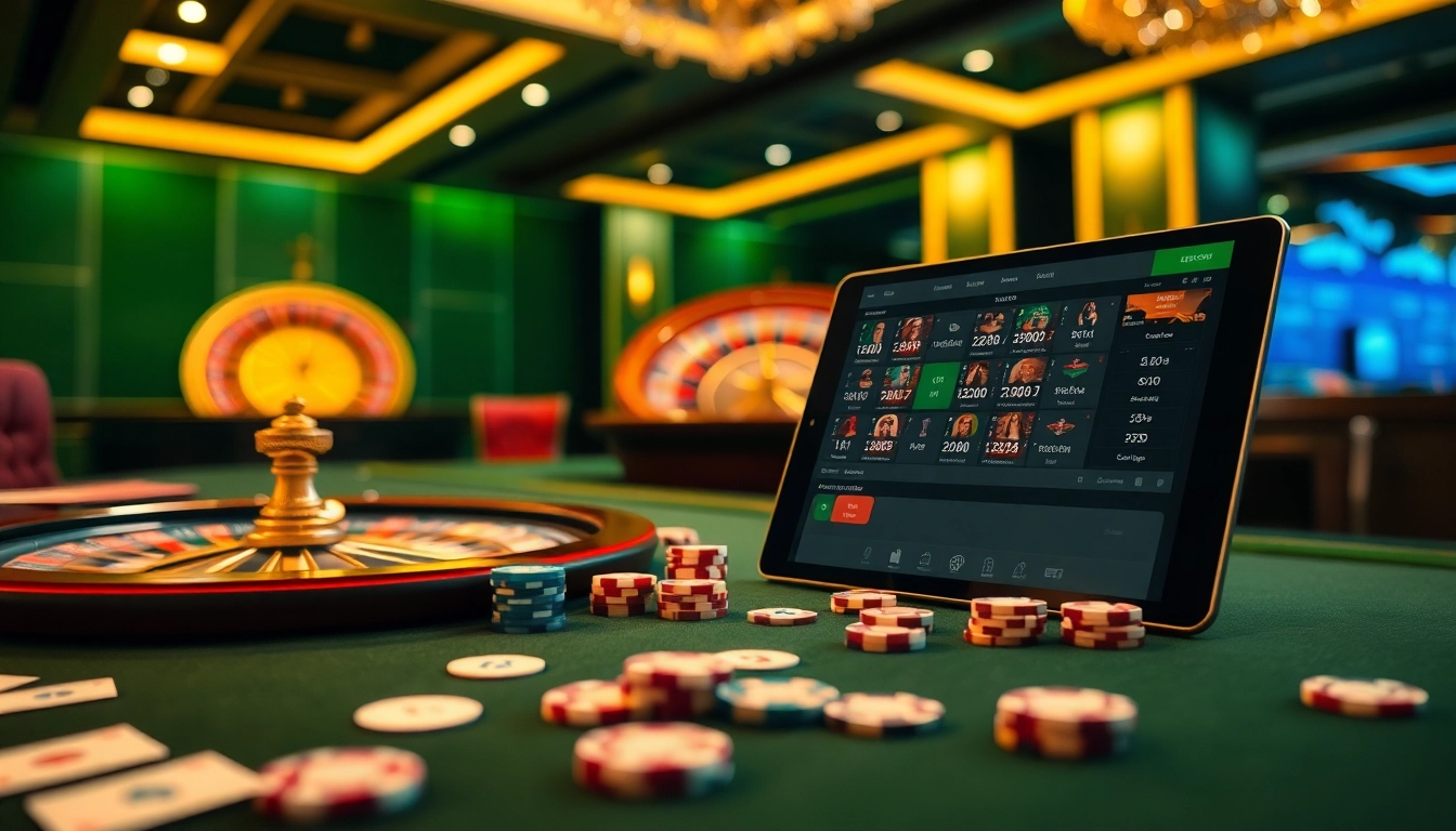 A vibrant gambling scene showcasing tỷ lệ kèo nhà cái 5 with a poker table and roulette wheel, representing excitement and strategy.