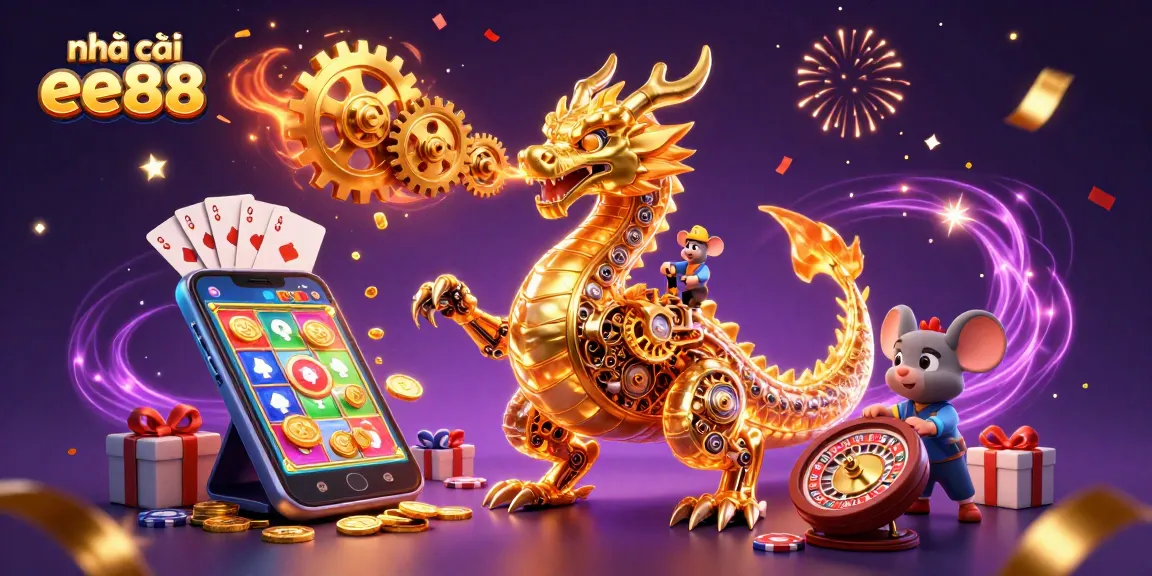 Engage in thrilling gameplay at nhà cái ee88 with festive elements, gold coins, and exciting gaming graphics.