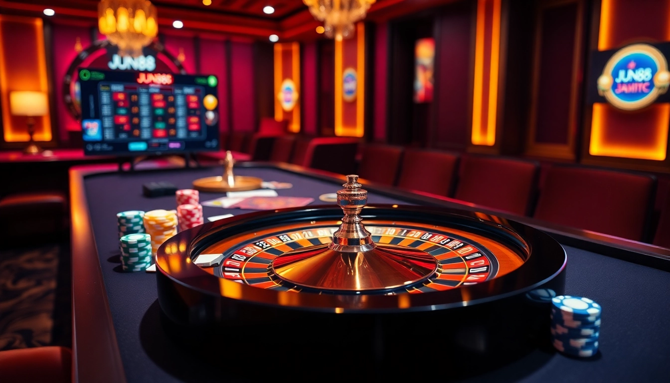 Experience the thrill of online gaming with Jun88's luxurious casino setup featuring vibrant colors and elegant design.